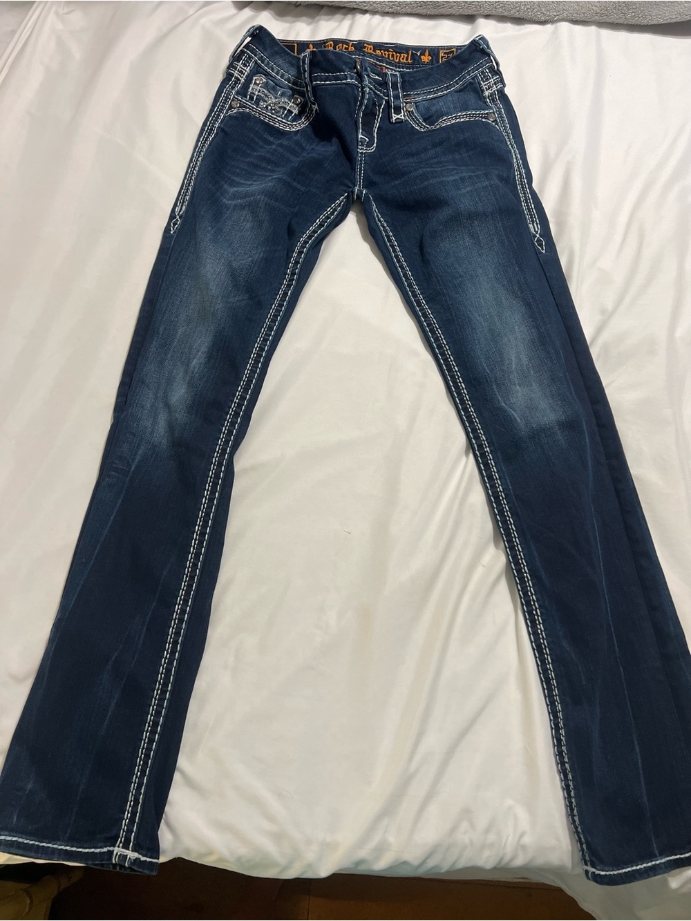 Rock Revival Dark Blue Flare Jeans with White Contrast Stitching